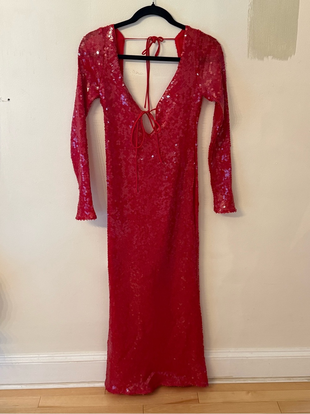Bardot Red Sequin Long-Sleeve Tie-Back Gown